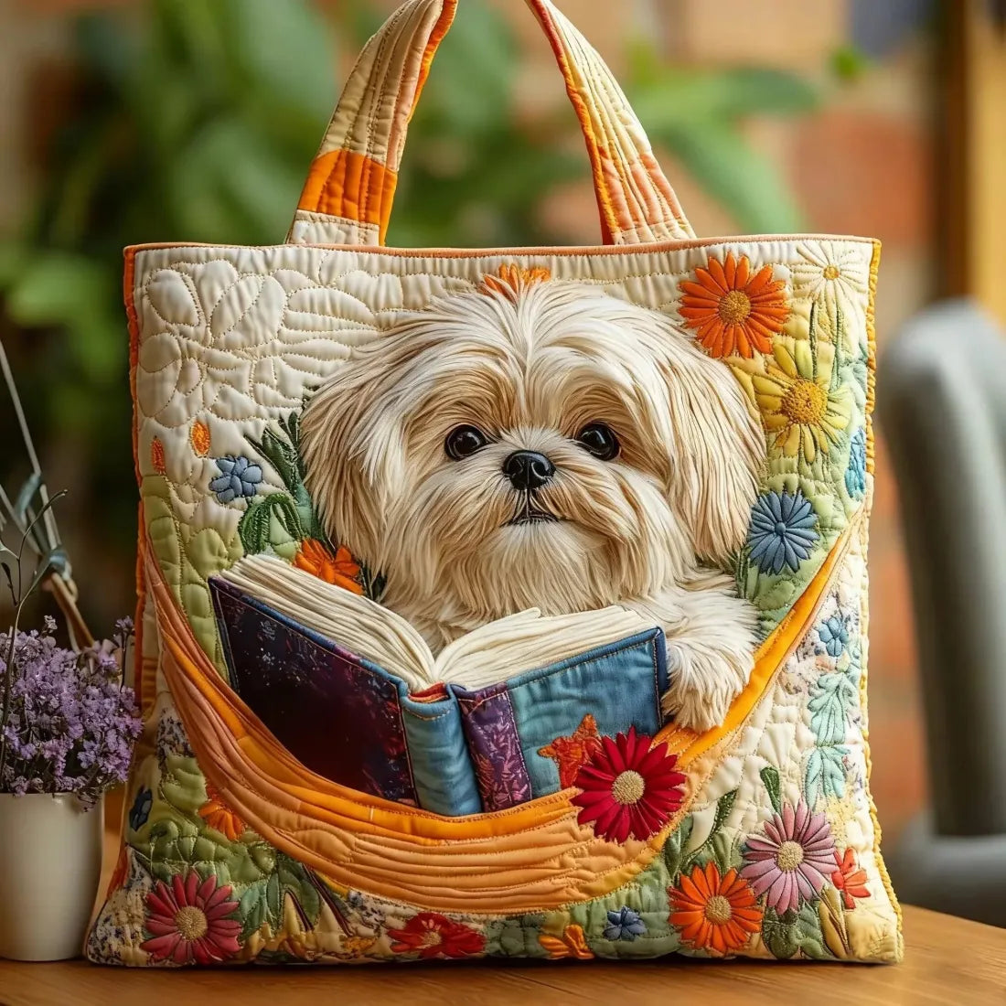 Handgemaakte Shih Tzu tas met boek en bloemen