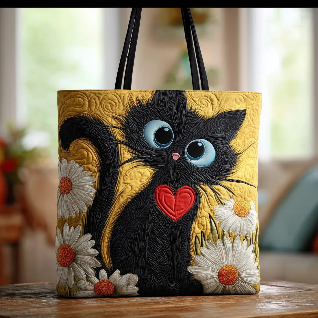 Handgemaakte Zwarte Kat Tas met Hart en Margrieten