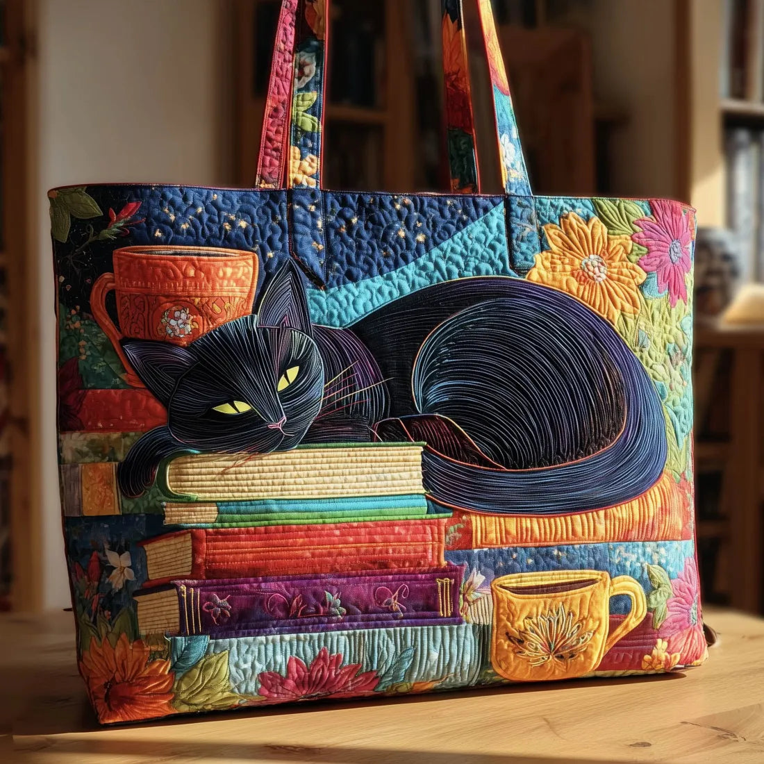 Handgemaakte tas Chat Noir met Boeken en Mokken