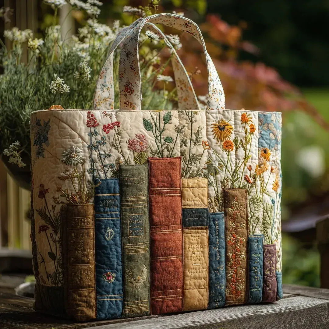 Handgemaakte Matelassé Tas: Boeken en Bloemen