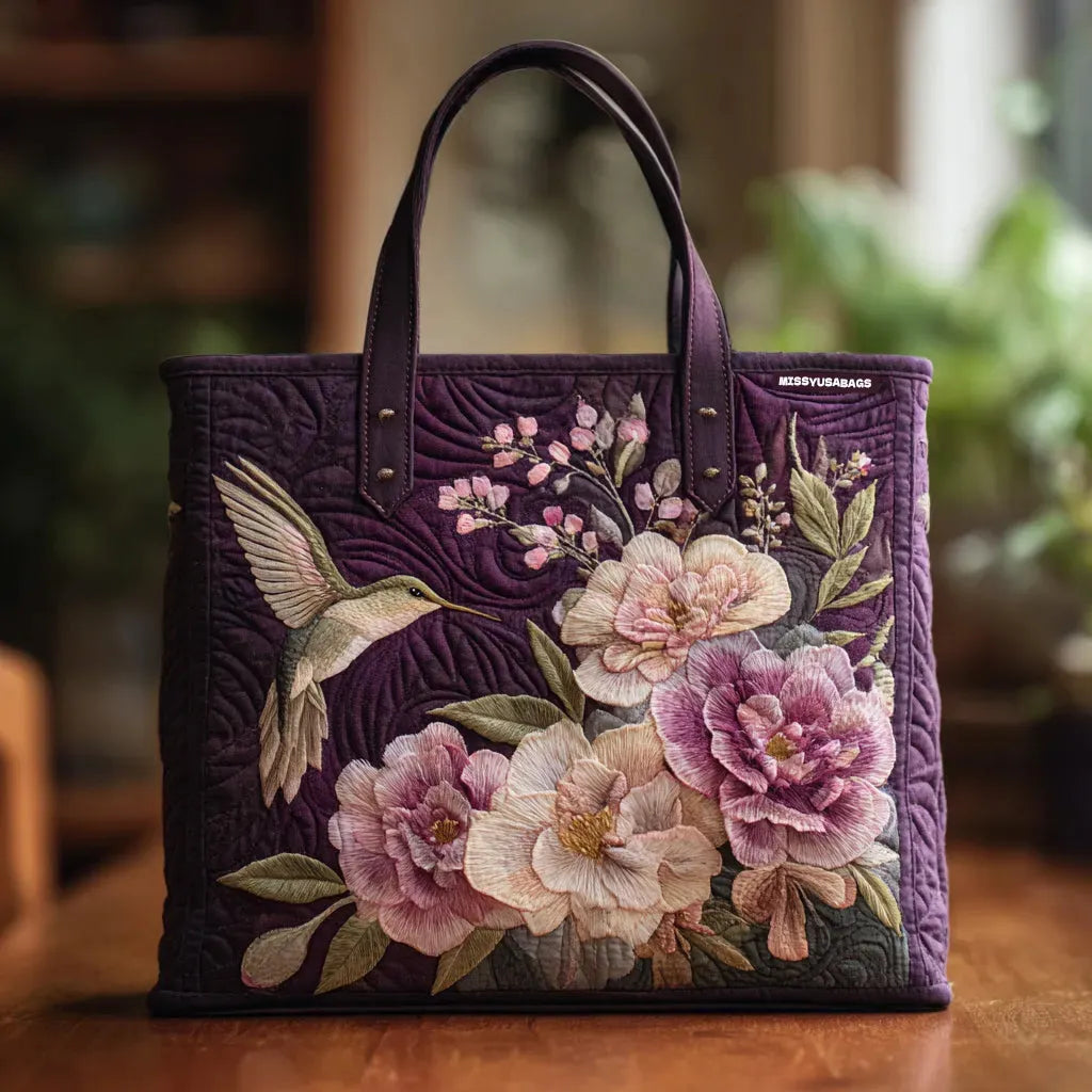 Ambachtelijke Gevoerde Tas Paars met Kolibries en Orchideeën